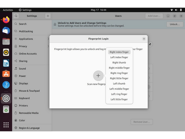 Choose Fingerprint Login. Then select Scan new fingerprint. Select your desired fingerprint. Carefully tap your finger tip on the sensor (power button). You may need to try a few attempts as everyone's prints are different.