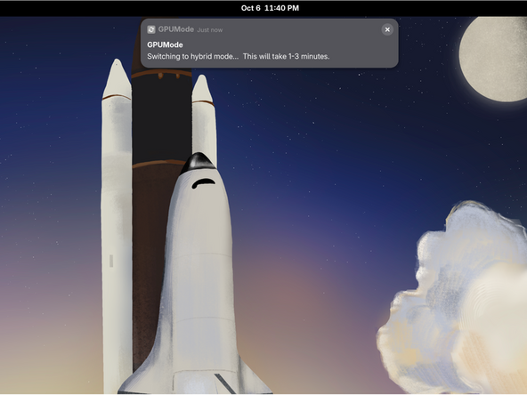 Should you decide to take the advice from the notification and switch to hybrid GPU mode. Simply use the pull down menu as shown in the image, select hybrid mode.