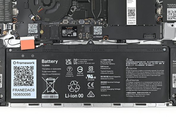 Use your Framework Screwdriver to tighten the three captive T5 Torx screws securing the Battery.