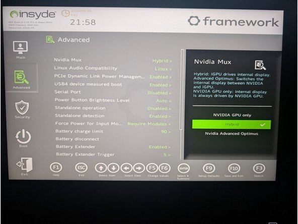 Your Framework Laptop 16 with the NVIDIA dGPU module can operate in two primary graphics modes you will want to explore. You can switch between them in your laptop's BIOS settings.