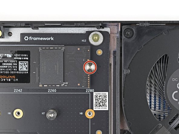 Use your Framework Screwdriver to install the 6.7 mm‑long screw securing the SSD.