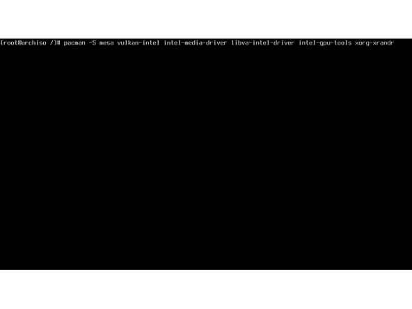 To install the Intel graphical drivers run the command: pacman -S mesa vulkan-intel intel-media-driver libva-intel-driver intel-gpu-tools xorg-xrandr