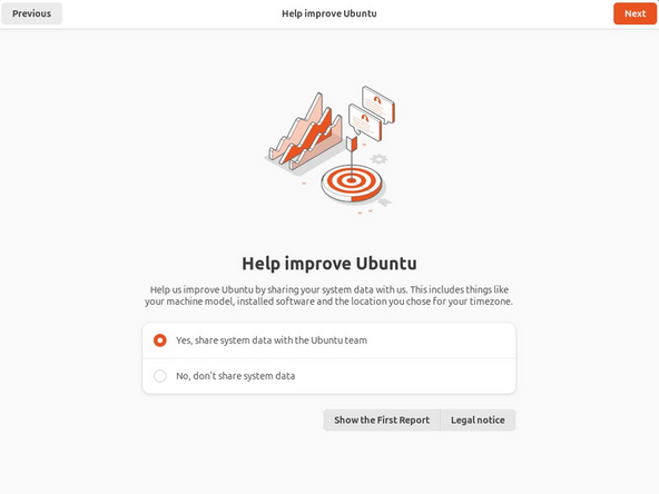 Once rebooted, simply follow the prompts for whether or not you are using Ubuntu Pro and if you wish to send back error reports.