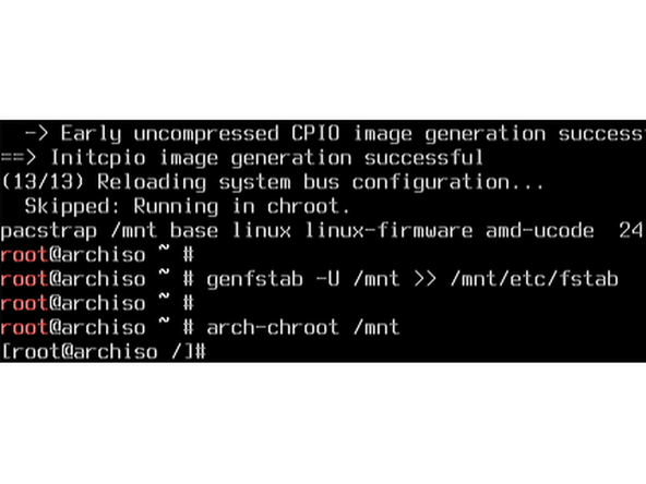 The first step of installation once the storage is prepared is to install the base system and packages. This is done by running the command: pacstrap /mnt base linux linux-firmware amd-ucode