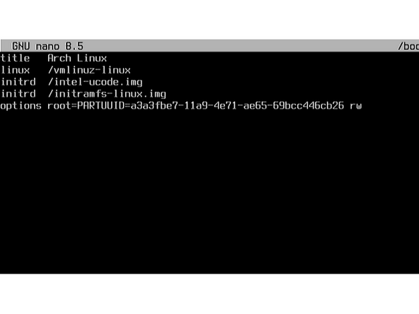 The first line of this file is to set the title for the boot entry. This is the text displayed when the bootloader is displayed during early boot. It should look like: title   Arch Linux