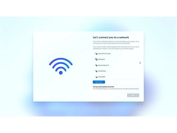 Once the driver loads, it will show a list of available networks to connect to. Connect to your local network and click &quot;Next&quot;.
