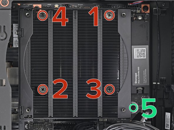 Use your Framework Desktop Screwdriver to tighten the four captive Phillips screws securing the heatsink in an &quot;X&quot; pattern starting with the top right screw.