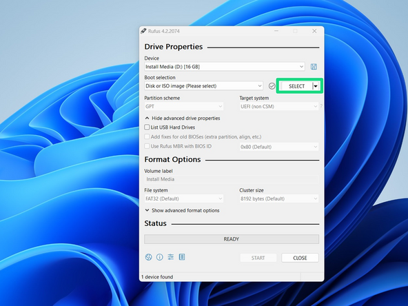 Click SELECT next to Boot selection and choose the Win11_22H2_English_x64v2.iso that you downloaded earlier.