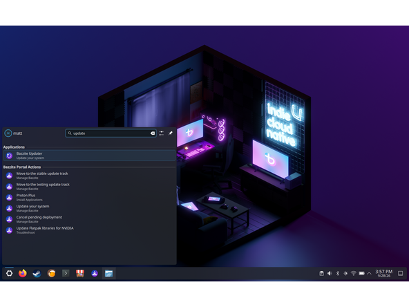 Bazzite automatically runs updates in the background on a daily basis, however they can be triggered manually by opening the Application Launcher and running the System Update app.