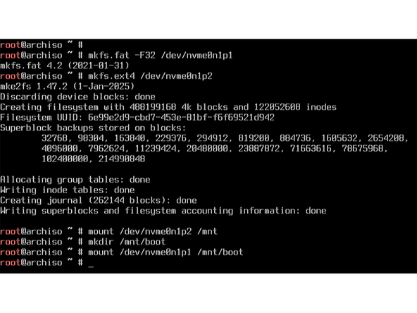 Format the boot partition in FAT32 by running the command: mkfs.fat -F32 /dev/nvme0n1p1