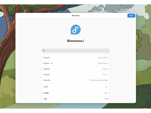 Click on preferred language, again for your preferred keyboard. This begins the process of completing the initial setup of your Fedora installation.