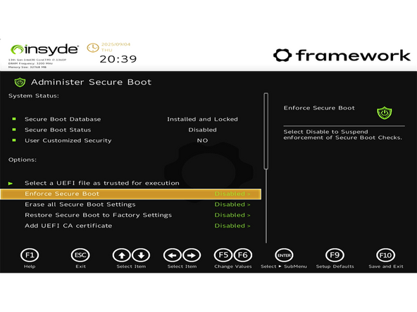Use the arrow keys to select Administer Secure Boot tile on the screen. Press enter.