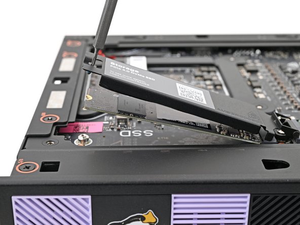 Use your Framework Desktop Screwdriver to loosen the captive T5 Torx screw securing the SSD.