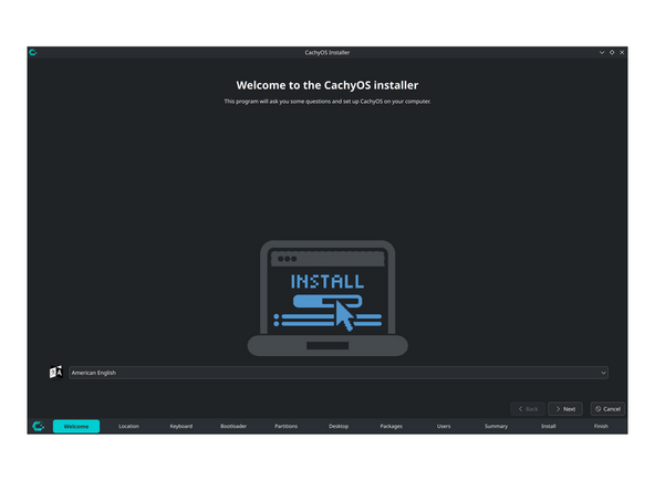 The first thing to open on the live desktop is CachyOS Hello, a greeter window that provides links to a number of useful resources, an option to select language, and a button to open the installer.