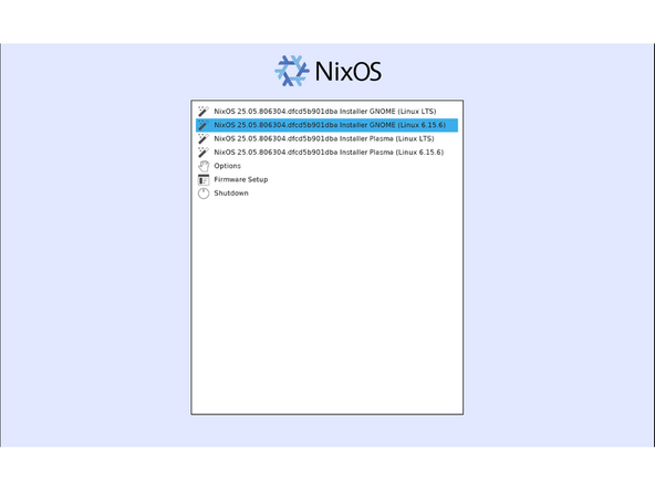 When the installer first displays a list of kernels to choose from, select the latest one. At the time of this guide, that was kernel 6.15.x - for the sake of this guide, we will assume you've selected GNOME.