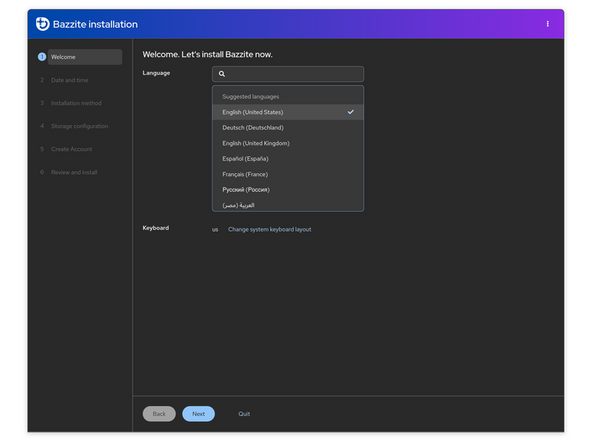 Bazzite will boot directly to a desktop and automatically open the "Welcome" window. Click on "Install Bazzite" to open Bazzite installation.
