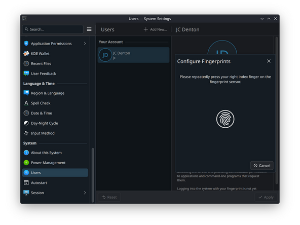 Click "Configure Fingerprint Authentication..." which will bring up a Configure Fingerprints window. The Add button in the lower right corner can be used to add fingerprints.