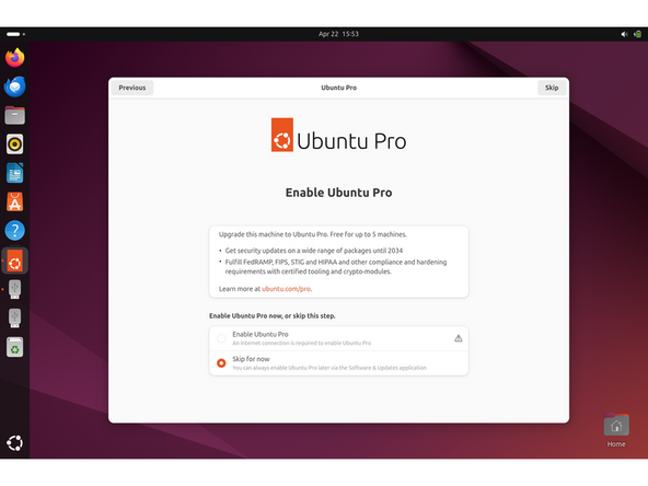 Ubuntu Pro enable screen. If you would like to enroll, please do so from here. If not, click skip.