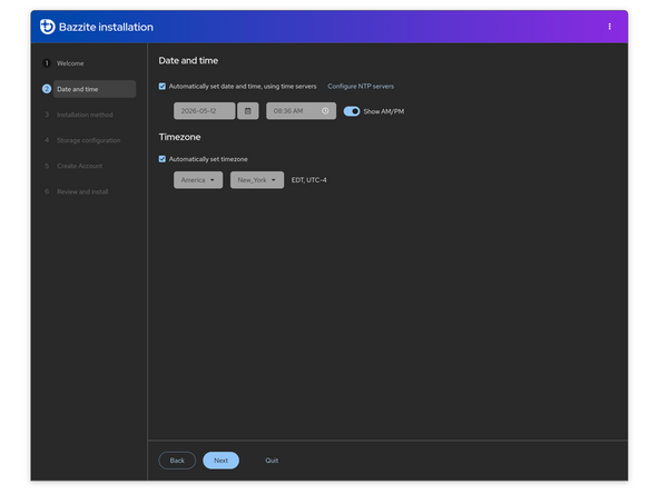 The "Welcome" window will close and "Bazzite installation". Start by selecting a language and a keyboard layout.