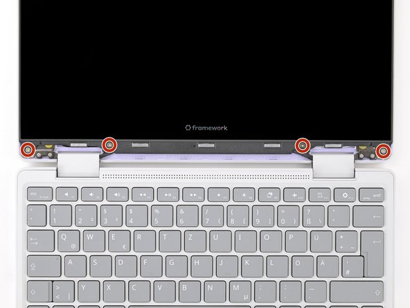 Use your Framework Screwdriver to remove the four 3.3 mm‑long T5 Torx screws securing the display to the Top Cover.