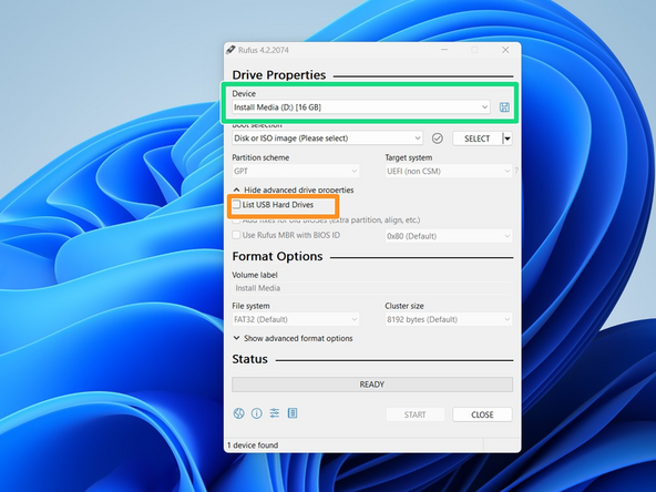 Under Device, choose the USB thumb drive.
