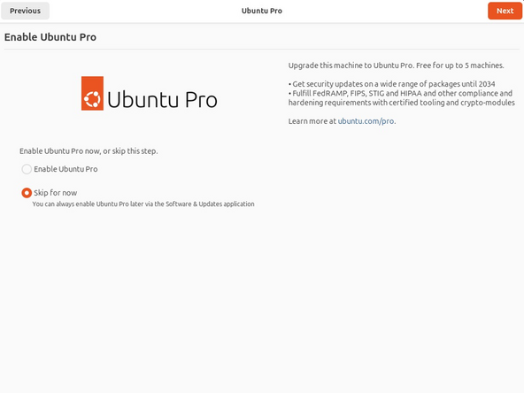 Once rebooted, simply follow the prompts for whether or not you are using Ubuntu Pro and if you wish to send back error reports.