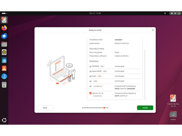 While connected to your network, select Normal installation, Download updates while installing Ubuntu and Install third party software, then press continue. This process may take a few minutes and appear to idle a bit, then the next screen appears - installation type.