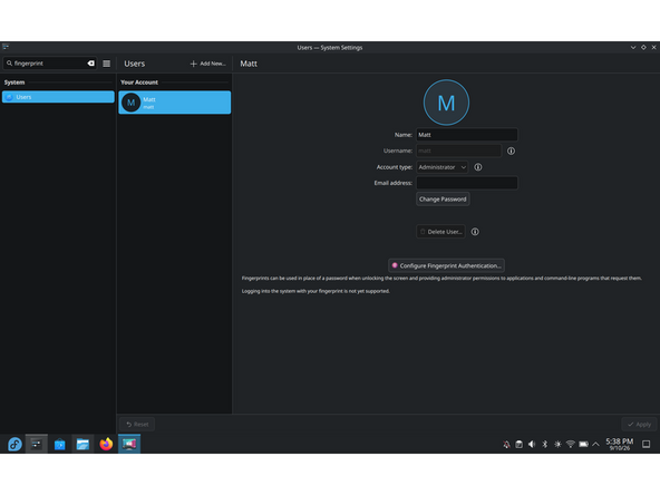 IMPORTANT: KDE Plasma does not provide for fingerprint login. It does provide for screen unlock from a locked screen or software requiring sudo permissions.