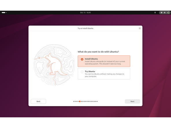 While connected to your network, select Normal installation, Download updates while installing Ubuntu and Install third party software, then press continue. This process may take a few minutes and appear to idle a bit, then the next screen appears - installation type.