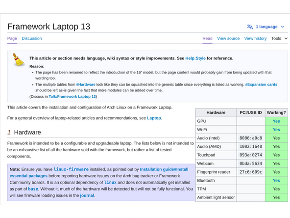 The Arch Wiki configuration knowledge base from the Arch Community.