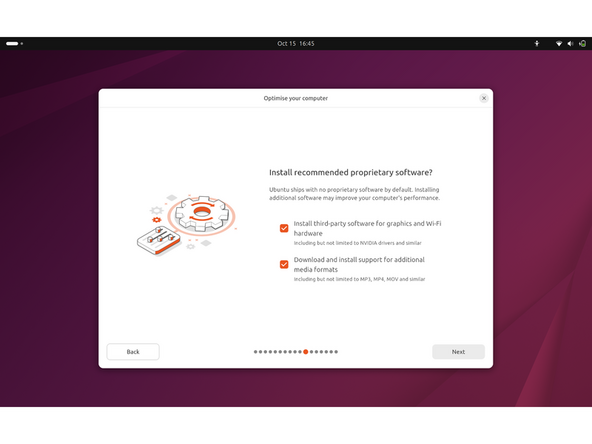 While connected to your network, select Normal installation, Download updates while installing Ubuntu and Install third party software, then press continue. This process may take a few minutes and appear to idle a bit, then the next screen appears - installation type.