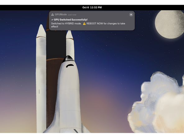 You will receive a GNOME notification the process has started and may take a minute. Do not reboot yet! Wait until you see the notification shown in the third image. Once you see that, reboot. After you rebooted, you will then be in hybrid mode.