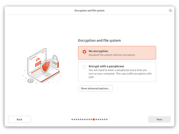 Next we’ll choose the installation type. Erase everything is the correct choice for users with a new Framework Laptop 13 (AMD Ryzen™ 7040 Series) or (AMD Ryzen AI 300 Series) looking to use the entire hard drive for Ubuntu.
