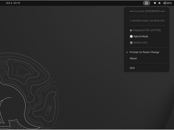 If you elected to allow the system to reboot into integrated mode, you will notice the applet pulled down now looks like this.  Currently in integrated mode. The NVIDIA GPU is no longer active and you will see a significant power savings from this.