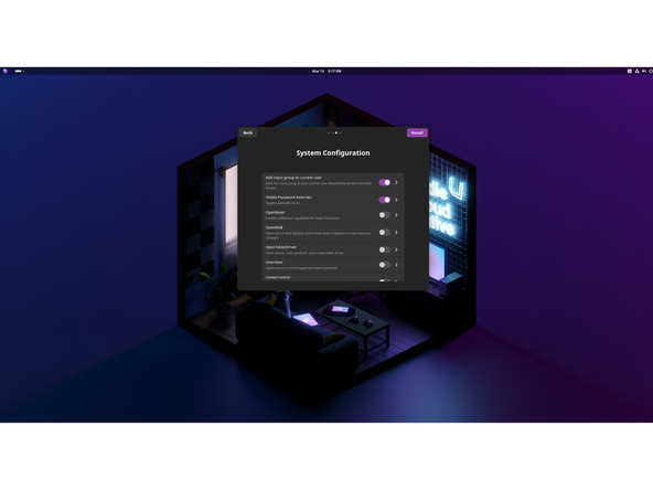 Next we have Welcome to Bazzite! Click Next, make any sections that meet your needs or click Install to skip them altogether with the options unchecked. Ignoring the install throbbing line, click Next once again if no selections were made.