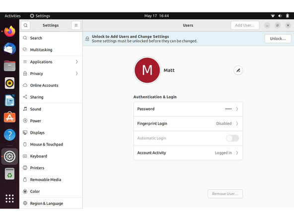 Let's setup fingerprint login. Click on Activities, search for user.