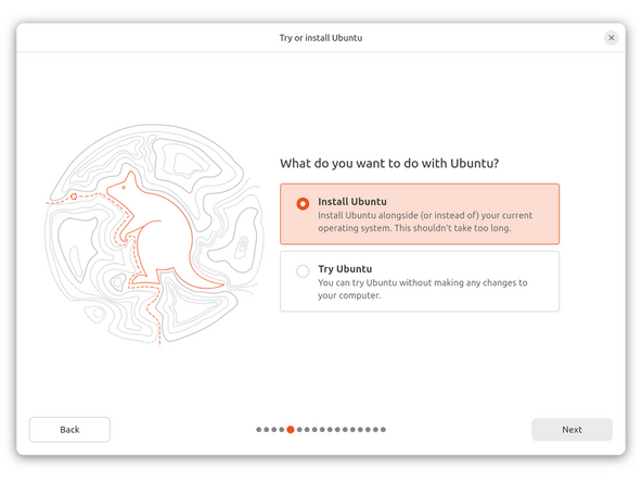 While connected to your network, select Normal installation, Download updates while installing Ubuntu and Install third party software, then press continue. This process may take a few minutes and appear to idle a bit, then the next screen appears - installation type.