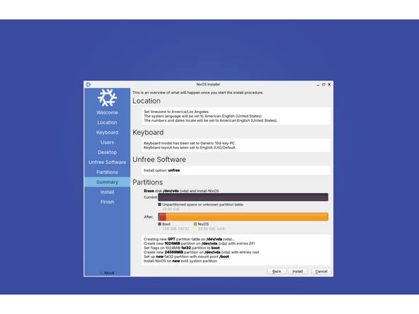 And now, we arrive at the summary screen where you can determined if the settings are what you would like. And you can press the install button to begin writing your selections to the drive.