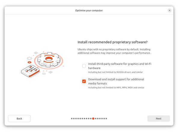 While connected to your network, select Normal installation, Download updates while installing Ubuntu and Install third party software, then press continue. This process may take a few minutes and appear to idle a bit, then the next screen appears - installation type.