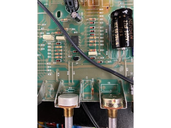 With the control panel facing you remove left to right: R4, C23, C1, R11, R52, R9, C56( earliest Hot Rods don't have C56), R44, R16, C3, C8, R22, R20, R19, R21, and C9.