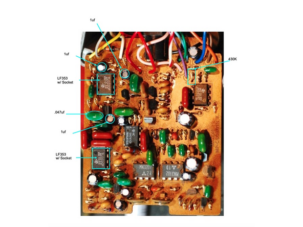After  the  board  is  exposed  it’s  time  to  start  removing  components  and  replacing them with the new ones. Make sure the battery is removed and no cables or AC-adaptors  are  plugged  in.  In the pic is  a  detail  of  the  CS-9  board  before  all  the components are removed and which components will be replaced.