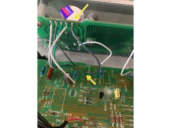 Solder one  end of a small wire to pad V2-5 on the Tube PCB and the other  end to the bottom hole  of R25( removed)