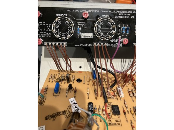 Insert the wires coming from the Tube PCB into the solder holes on the  Main PCB and solder on the tube socket side. I find it's easiest to do this by soldering a few at a time and working my way from left to right