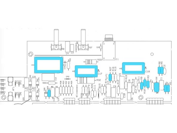 Clip the leads and remove the axial mount components noted below and highlighted in Blue. The large filter caps may be glued down with silicone. After the lead is clipped, using pliers gently twist the cap off the board.