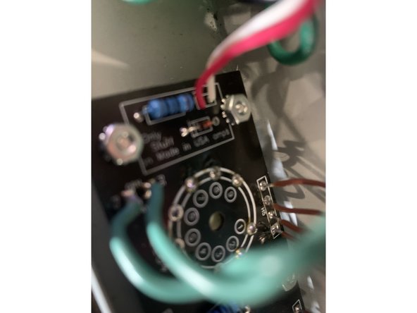 Connect the red and white LED wires at M6 on the tube PCB - the red wire to the square solder pad and the white wire to the round solder pad