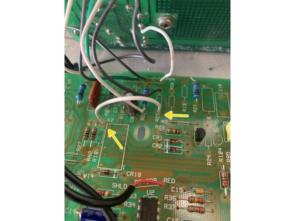 Using one of the smaller wires jumper bottom of R18(removed) to top of R25(removed) - solder