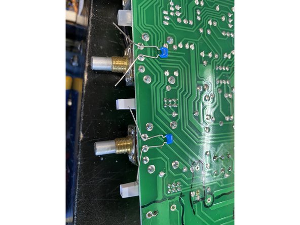 Install 100pf mlcc caps across pins  2 and 3 of the Volume(R6) and Drive(R7) pots on the solder side of the  main  PCB. For OD+ Upgrade you should only need to install the 100pf on the volume pot, drive pot should already have it installed.