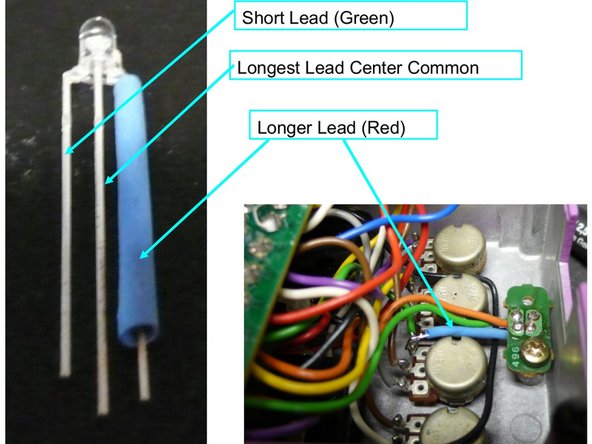 The  LED  in  the  kit  has  3  leads.  The shortest  lead  is  the  Green  Light,  the center  lead  is  the  common  positive,  the longer  lead  is  the  Red  Light.