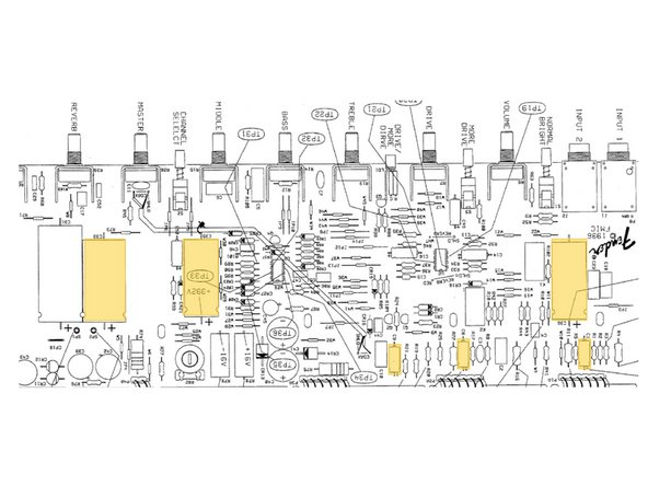 Install 22uf/ 25v at C1  and C56( if your amp has  that cap). Install 1uf/ 25v  at C8.