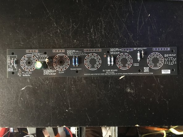 Install components from the kit on the tube board - tube board is marked where they go. Mind the polarity on the cap and diodes.